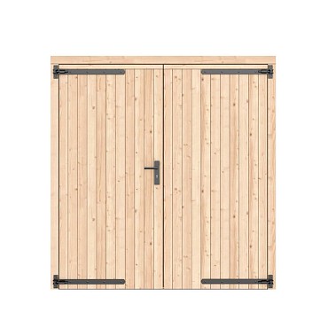 Vuren dichte dubbele deur 201x209 cm. zwarte hengen zwart beslag kleurloos geimpregneerd. ~