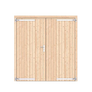 Vuren dichte dubbele deur 201x209 cm. verzinkte hengen RVS beslag kleurloos geimpregneerd. ~