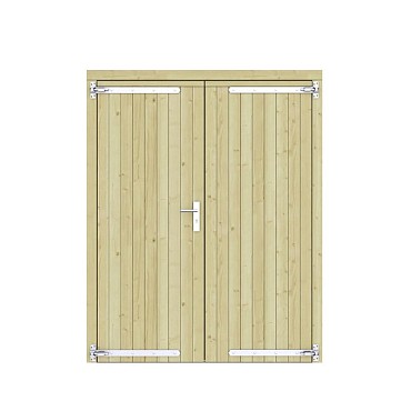 Vuren dichte dubbele deur 168x209 cm. verzinkte hengen RVS beslag groen geimpregneerd. ~
