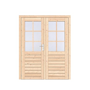Vuren 1-ruits dubbele deur Prestige 168x209 cm. scharnieren RVS beslag onbehandeld. ~