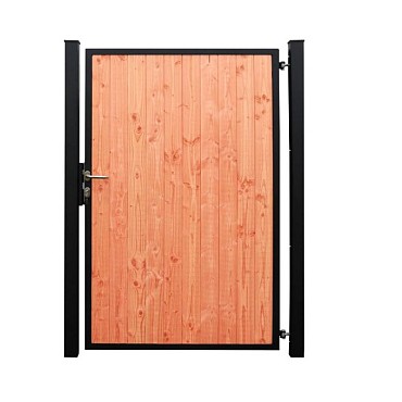 Staalverzinkt poortvleugelpakket Hybide rechtsdraaiend inclusief staanders en douglas opvulling 115x185x4 cm. zwart gepoedercoat RAL9005 ~