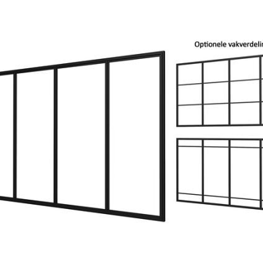 Industriële glaspui E zwart gecoat aluminium raamwerk 371x224 cm. ~