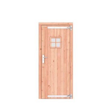 Douglas dichte enkele deur met ruitje 90x201 cm. rechtsdraaiend verzinkte hengen RVS beslag kleurloos geimpregneerd. ~