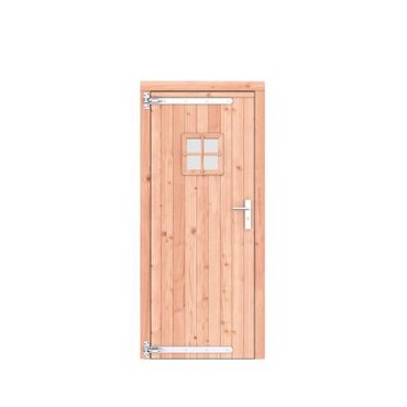 Douglas dichte enkele deur met ruitje 90x201 cm. linksdraaiend verzinkte hengen RVS beslag kleurloos geimpregneerd. ~
