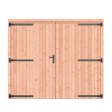 Douglas dichte dubbele deur 250x209 cm. zwarte hengen zwart beslag kleurloos geimpregneerd. ~