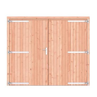 Douglas dichte dubbele deur 250x209 cm. verzinkte hengen RVS beslag kleurloos geimpregneerd. ~