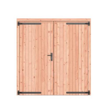 Douglas dichte dubbele deur 201x209 cm. zwarte hengen zwart beslag onbehandeld. ~
