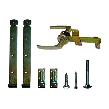 Klinkstel met hengen en duimen, t.b.v. houten deuren. ~