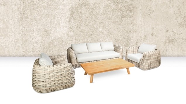 Wakkanda 3-Seater Lounge bank robuuste 20 mm PE draad. Swiss Fabrics all weather kussens Kubo (234x100x85 cm) ~