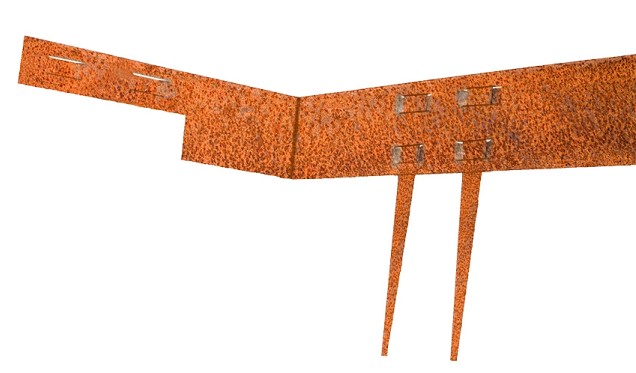 Mevosteel hoekstuk met 2 pennen in/outside 36,5x10,2 cm. ongecoat (Corten 2 mm) ~