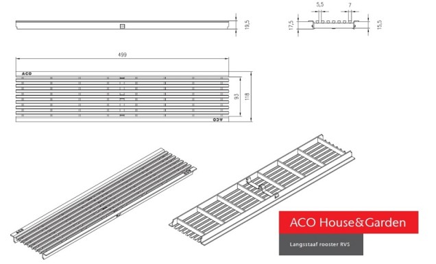 ACO (los) langstaafrooster RVS 50 cm. ~