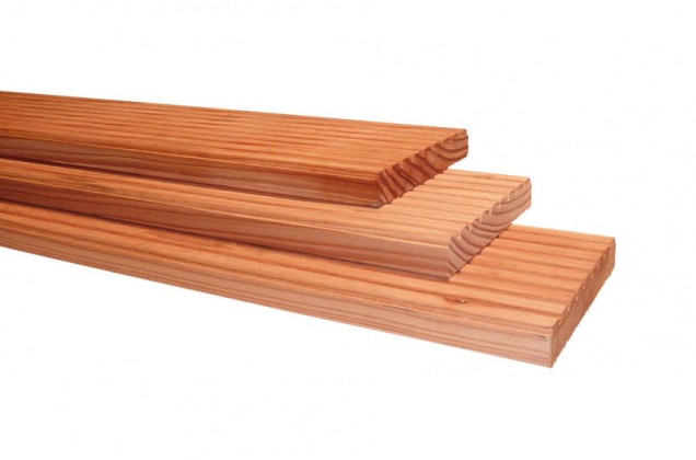 Douglas geprofileerd dekdeel. 1 zijde grof profiel. 1 zijde glad. 2.5x14.5x400 cm onbehandeld ~