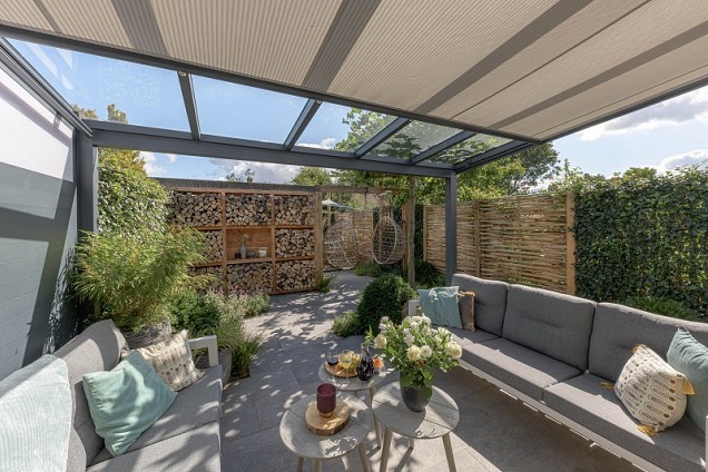 Verasol Greenline veranda voorbereid voor glas, 5000Bx3000D mm, 3 staanders, kleur: Wit RAL9010/Antraciet structuurlak ~