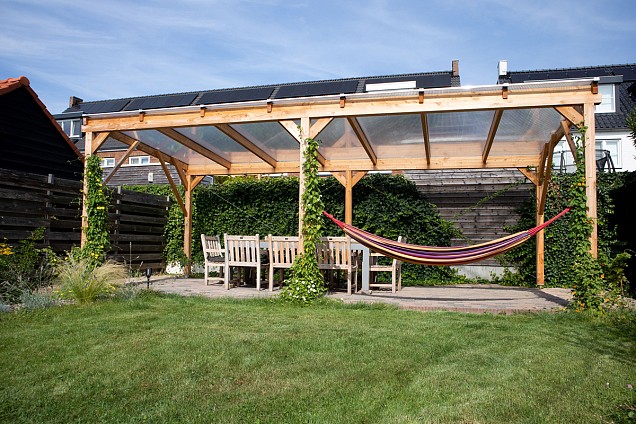 Pext Veranda Douglas - 4060x4000 vrijstaand - staanders 14x14 cm - blank aluminium - polycarbonaat opaal ~