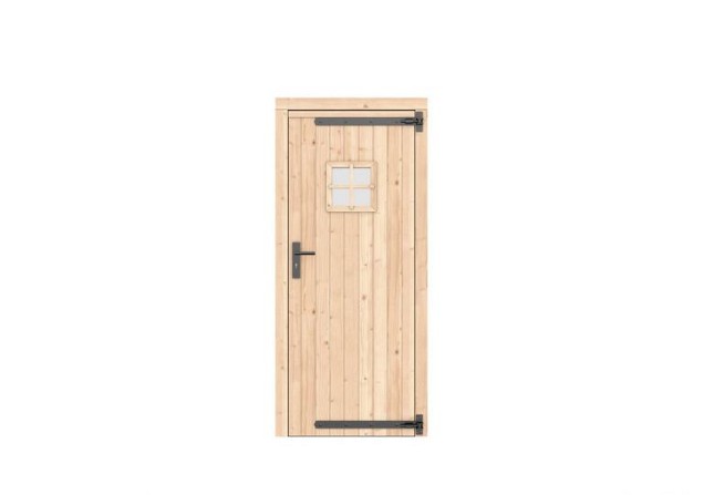 Vuren dichte enkele deur met ruitje 90x201 cm. rechtsdraaiend zwarte hengen zwart beslag kleurloos geimpregneerd. ~