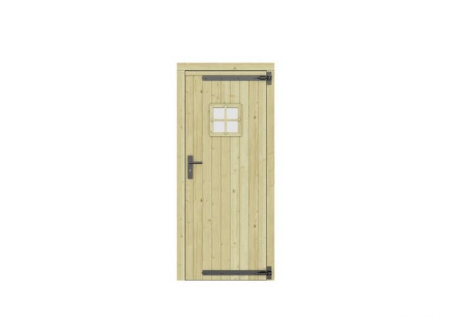 Vuren dichte enkele deur met ruitje 90x201 cm. rechtsdraaiend zwarte hengen zwart beslag groen geimpregneerd. ~