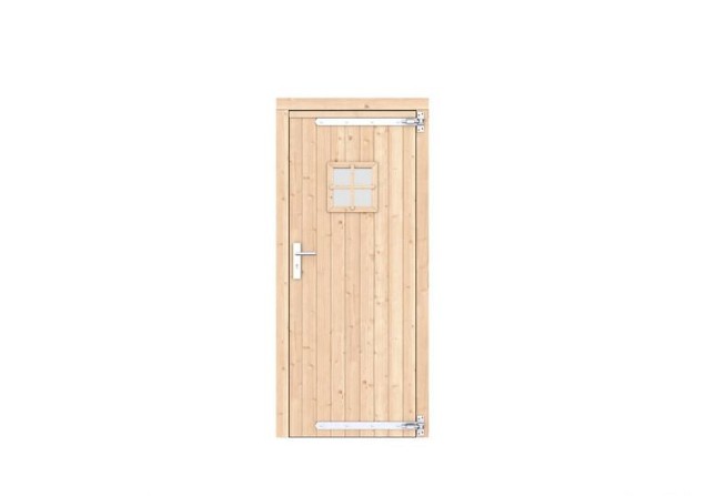Vuren dichte enkele deur met ruitje 90x201 cm. rechtsdraaiend verzinkte hengen RVS beslag kleurloos geimpregneerd. ~