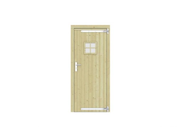 Vuren dichte enkele deur met ruitje 90x201 cm. rechtsdraaiend verzinkte hengen RVS beslag groen geimpregneerd. ~