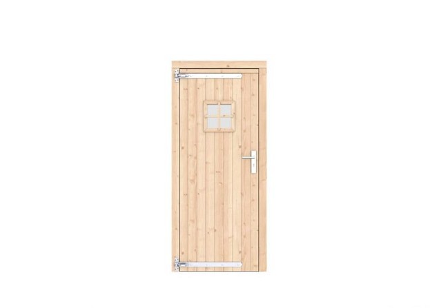 Vuren dichte enkele deur met ruitje 90x201 cm. linksdraaiend verzinkte hengen RVS beslag kleurloos geimpregneerd. ~