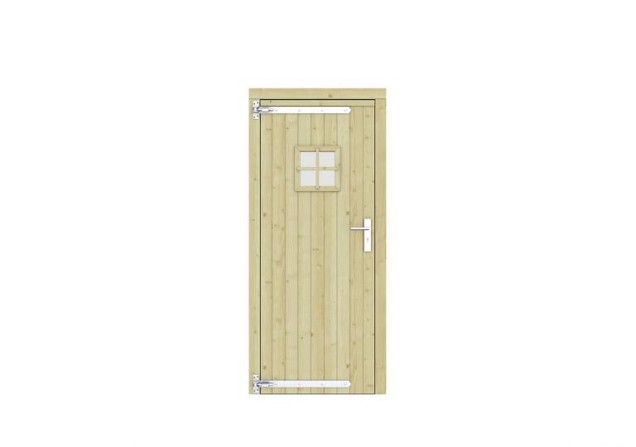 Vuren dichte enkele deur met ruitje 90x201 cm. linksdraaiend verzinkte hengen RVS beslag groen geimpregneerd. ~