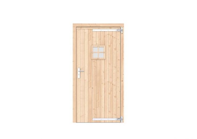Vuren dichte enkele deur met ruitje 108x209 cm. rechtsdraaiend verzinkte hengen RVS beslag kleurloos geimpregneerd. ~