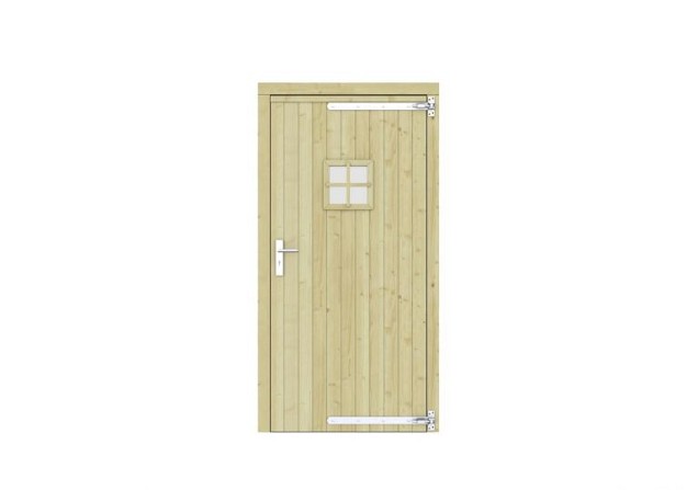 Vuren dichte enkele deur met ruitje 108x209 cm. rechtsdraaiend verzinkte hengen RVS beslag groen geimpregneerd. ~