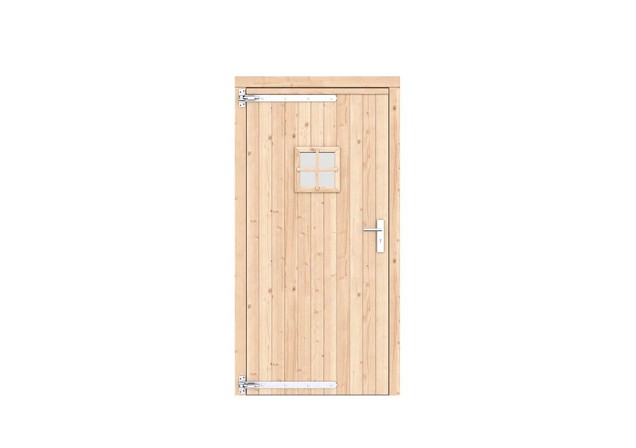 Vuren dichte enkele deur met ruitje 108x209 cm. linksdraaiend verzinkte hengen RVS beslag kleurloos geimpregneerd. ~