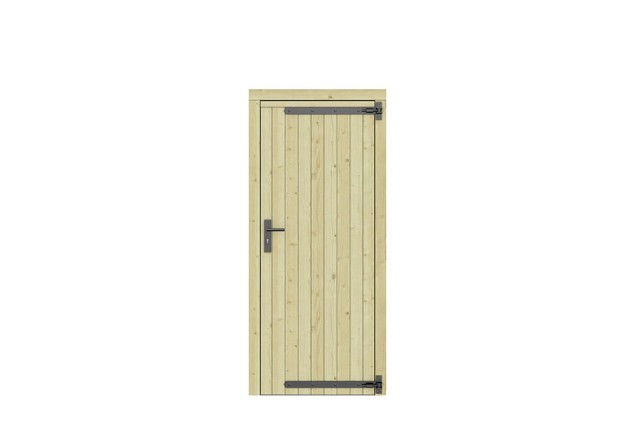 Vuren dichte enkele deur 90x201 cm. rechtsdraaiend zwarte hengen zwart beslag groen geimpregneerd. ~