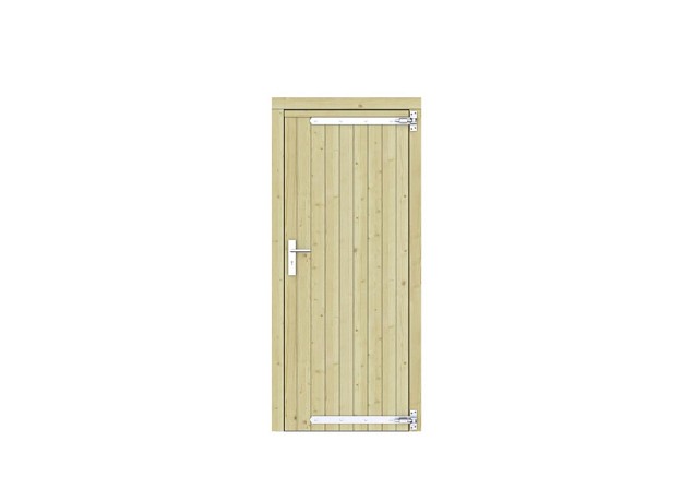Vuren dichte enkele deur 90x201 cm. rechtsdraaiend verzinkte hengen RVS beslag groen geimpregneerd. ~