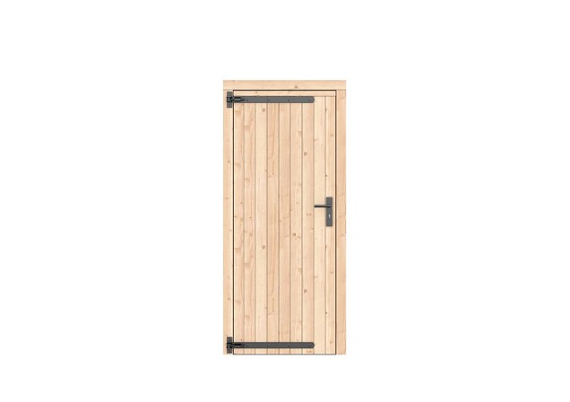 Vuren dichte enkele deur 90x201 cm. linksdraaiend zwarte hengen zwart beslag kleurloos geimpregneerd. ~