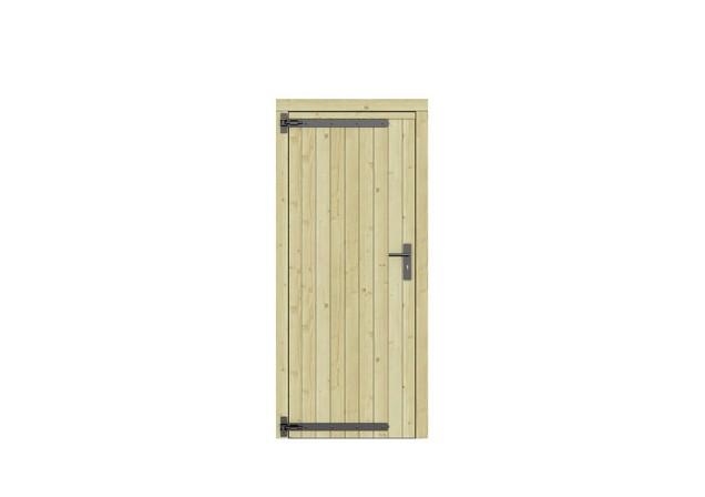 Vuren dichte enkele deur 90x201 cm. linksdraaiend zwarte hengen zwart beslag groen geimpregneerd. ~