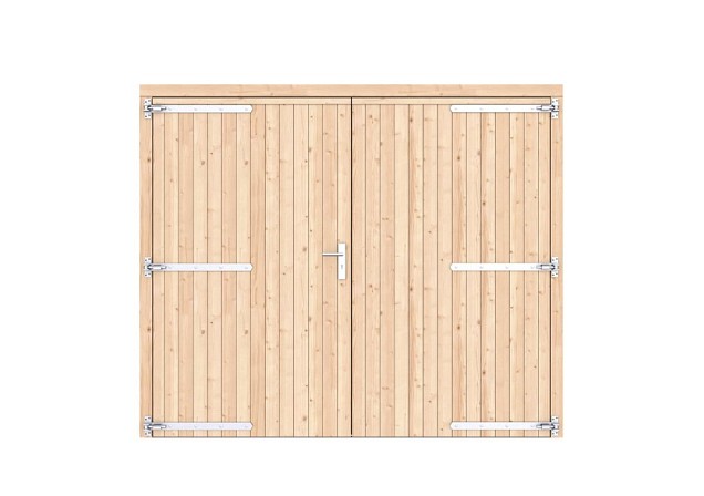 Vuren dichte dubbele deur 250x209 cm. verzinkte hengen RVS beslag onbehandeld. ~