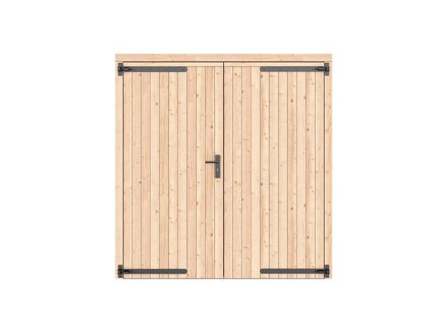 Vuren dichte dubbele deur 201x209 cm. zwarte hengen zwart beslag onbehandeld. ~