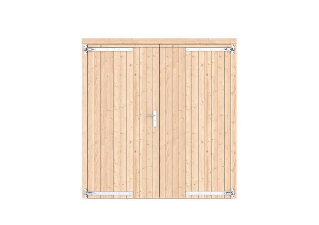 Vuren dichte dubbele deur 201x209 cm. verzinkte hengen RVS beslag kleurloos geimpregneerd. ~