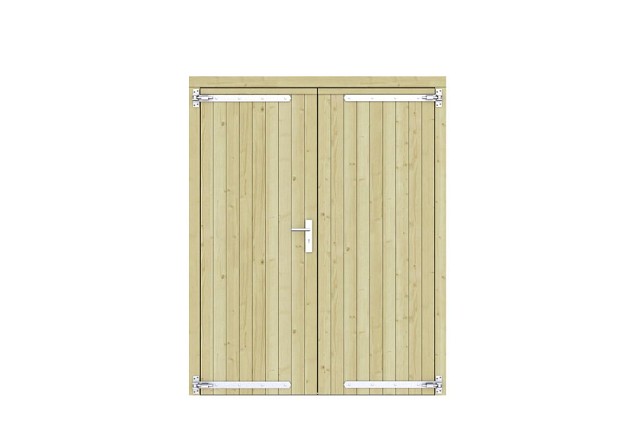 Vuren dichte dubbele deur 168x209 cm. verzinkte hengen RVS beslag groen geimpregneerd. ~
