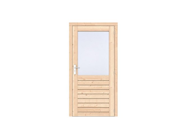Vuren 1-ruits enkele deur Prestige 108x209 cm. rechtsdraaiend scharnieren RVS beslag onbehandeld. ~