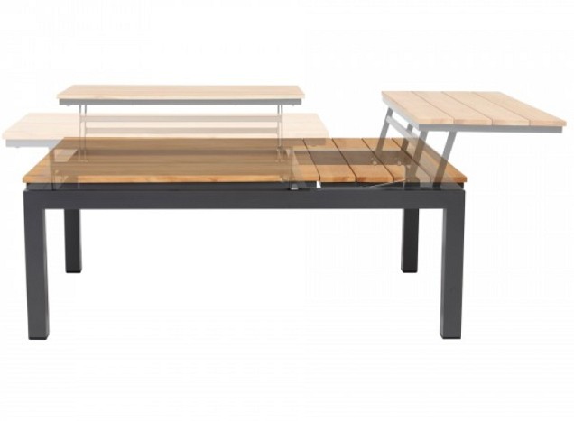 Flip-Up Coffee Table 3 in hoogte verstelbare Tableau's Solid Teak (FSC) blad Alu / Teak (120x79x42 cm) ~