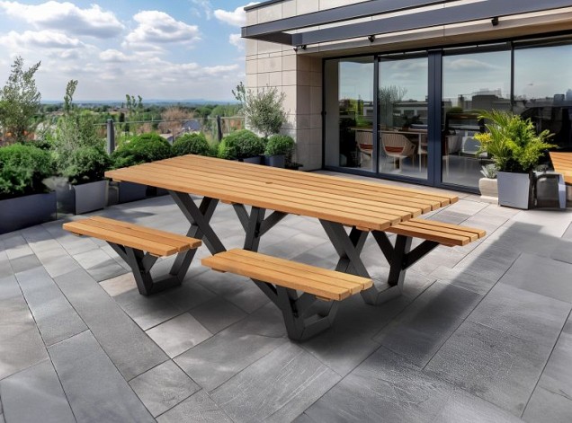 Picknicktafel hardhout, metalen frame, open instap ~