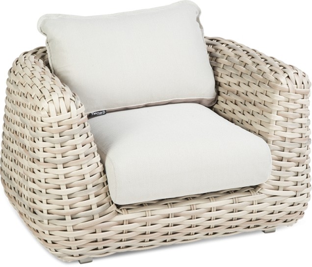 Wakkanda Lounge Chair robuuste 20 mm PE draad. Swiss Fabrics all weather kussens Kubo (117x100x85 cm) ~
