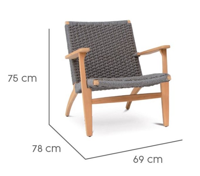 Siesta Lounge Chair Solid Teak (FSC) ingevlochten weersbestendig touw Grijs / Hout (69x78x75 cm) ~