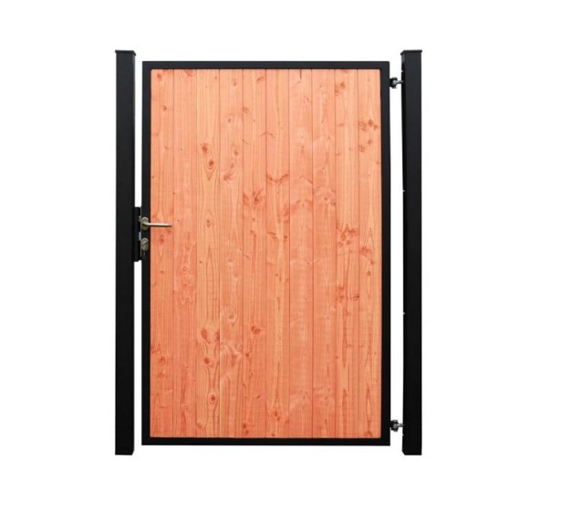 Staalverzinkt poortvleugelpakket Hybide rechtsdraaiend inclusief staanders en douglas opvulling 115x185x4 cm. zwart gepoedercoat RAL9005 ~