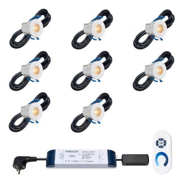 LED 8 st veranda inbouwspot Valencia, warm wit incl.: afstandbediening, trafo en bekabeling~