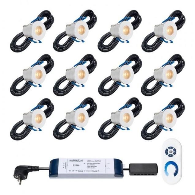 LED 12 st veranda inbouwspot Valencia, warm wit incl.: afstandsbediening, trafo en bekabeling~