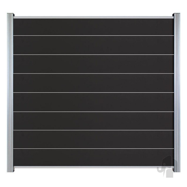 WPC-antraciet FSC tuinscherm "Modular" recht 8L 20mm met aluminium liggers 1800x1800 krimpfol. ~