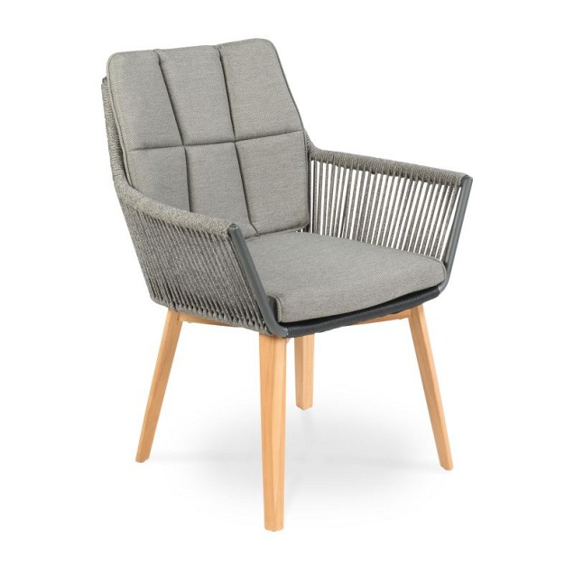 Lois Rope Chair met Teak legs. Swiss Fabrics all weather kussens Weersbestendig Olefin rope in rug / arm Aluminium / Teak (68x66x85 cm) ~