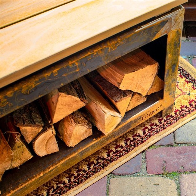 Logg houtopslag met zitje 200x40x43 cm. CorTen ~