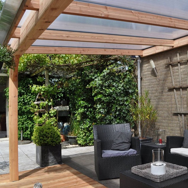 Pext Veranda Douglas - 5060x2500 muuraanbouw - staanders 14x14 cm - blank aluminium - polycarbonaat helder ~