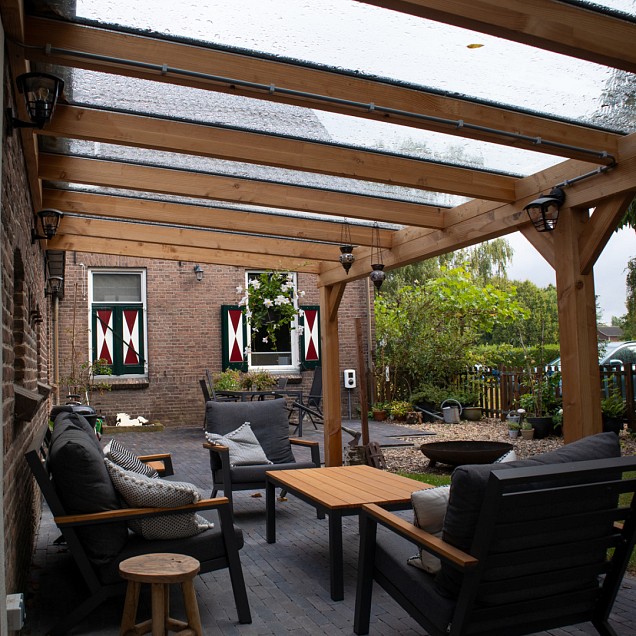 Pext Veranda Douglas - 5800x2500 muuraanbouw - staanders 14x14 cm - antraciet - gelaagd glas ~
