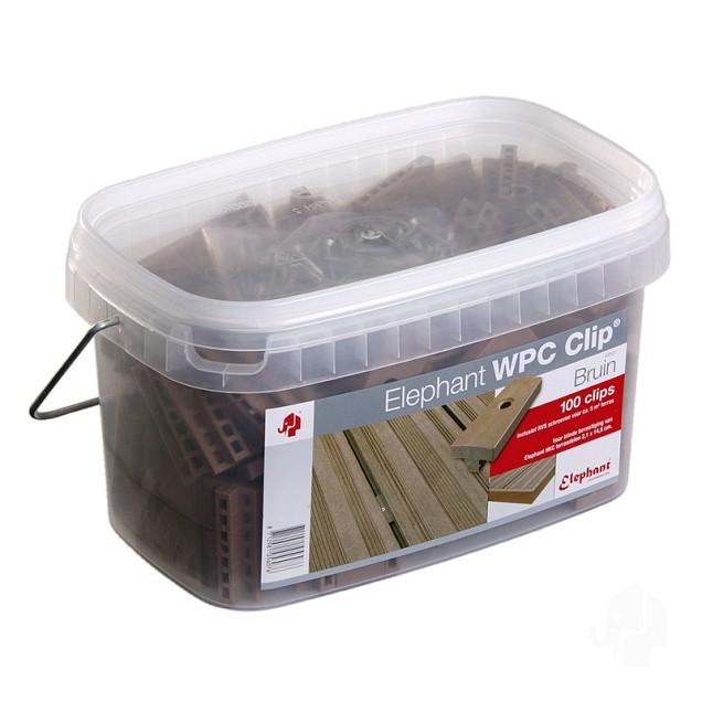 Polymer-bruin clips (tbv WPC) 100 stuks in emmer bc ~