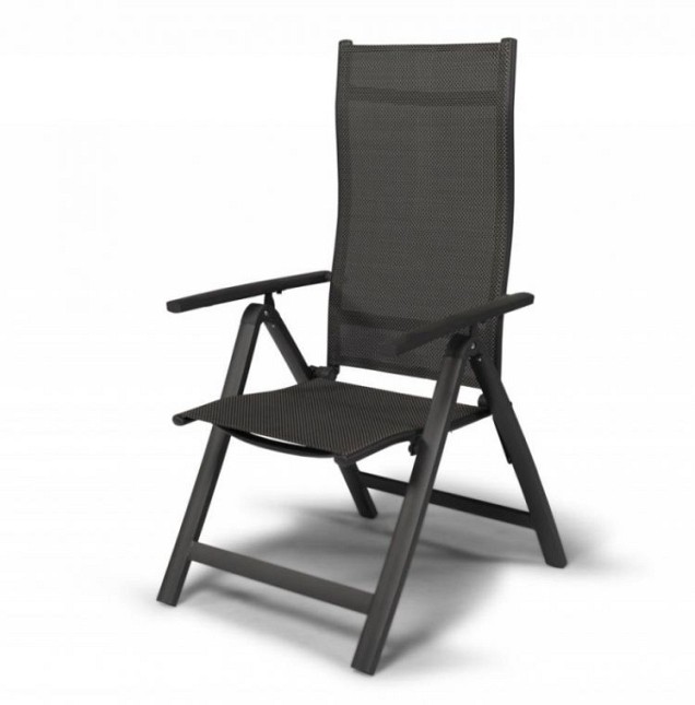 Avento Inklapbare stoel verstelbare rug / armleuning. Aluminium frame, textileen zitting / rug Charcoal / Zwart (60x73x115 cm) ~